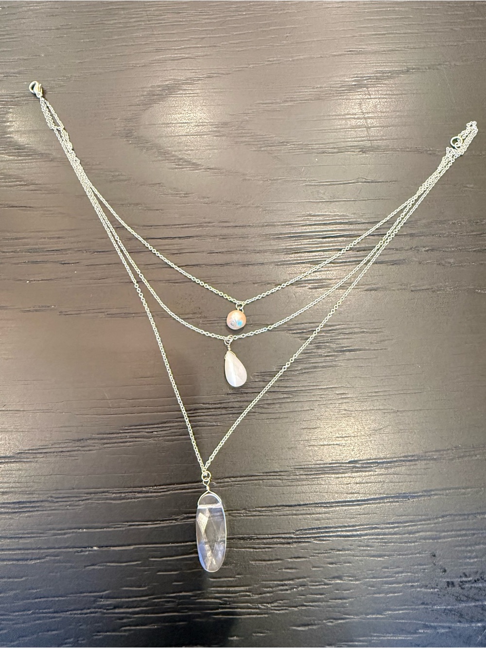 Layered Silver Pendant Necklace with White Crystal and Pearl Accents